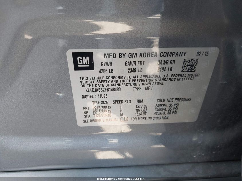 2015 Buick Encore VIN: KL4CJASB2FB148480 Lot: 43348917