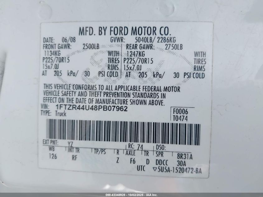 2008 Ford Ranger Xlt VIN: 1FTZR44U48PB07962 Lot: 43348928