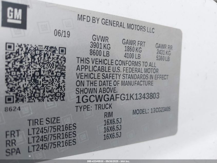 2019 Chevrolet Express 2500 Work Van VIN: 1GCWGAFG1K1343803 Lot: 43348930