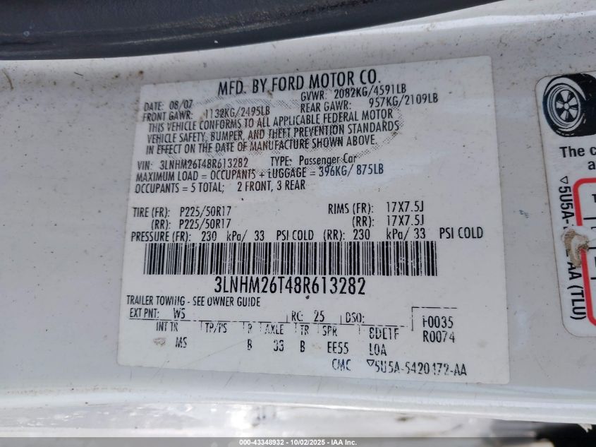 2008 Lincoln Mkz VIN: 3LNHM26T48R613282 Lot: 43348932