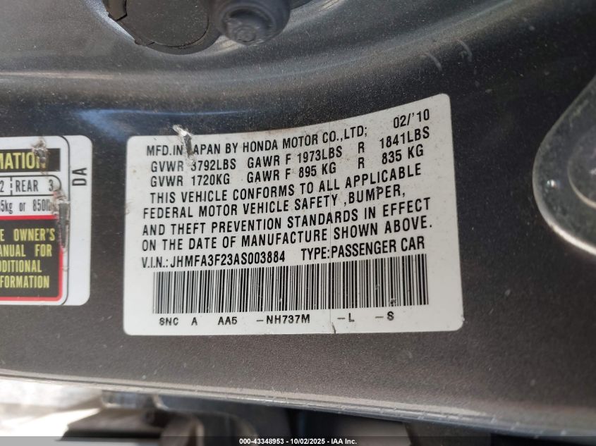2010 Honda Civic Hybrid VIN: JHMFA3F23AS003884 Lot: 43348953