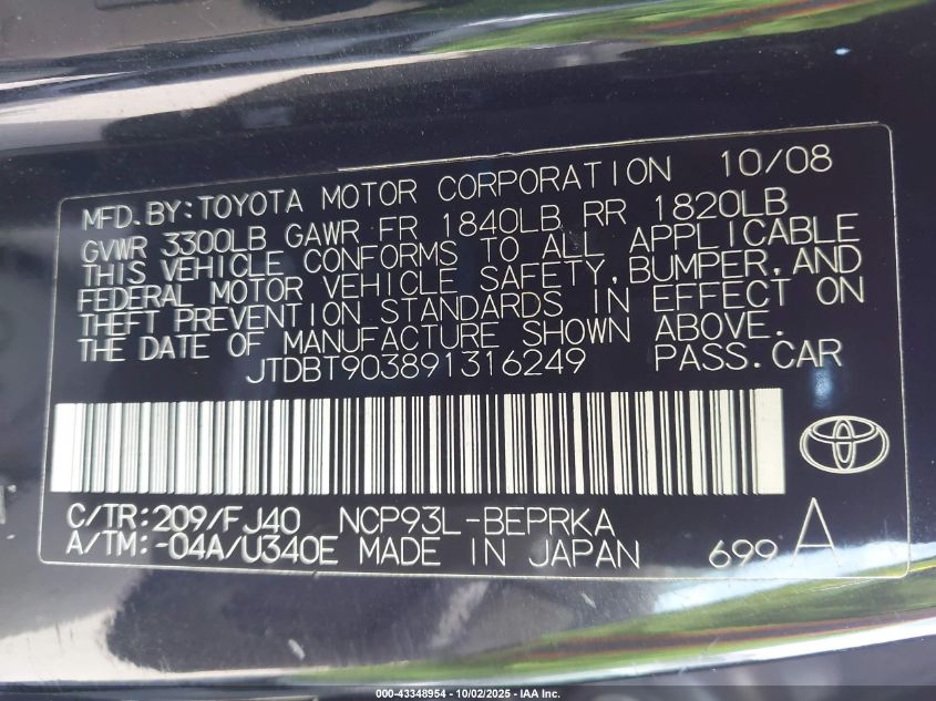 2009 Toyota Yaris VIN: JTDBT903891316249 Lot: 43348954