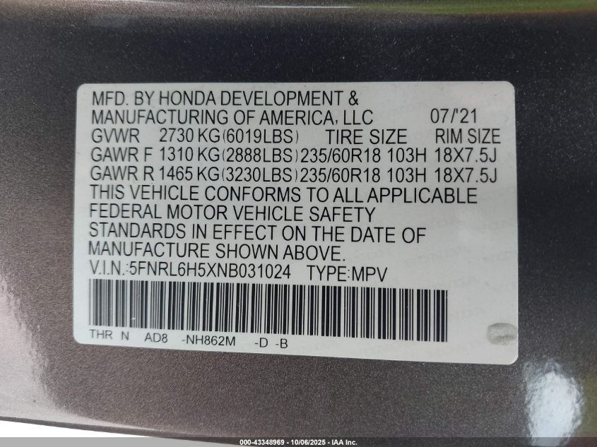 2022 Honda Odyssey Ex VIN: 5FNRL6H5XNB031024 Lot: 43348969
