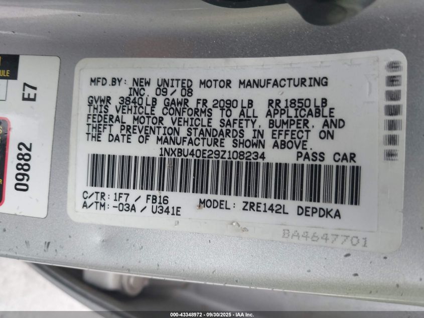 2009 Toyota Corolla VIN: 1NXBU40E29Z108234 Lot: 43348972