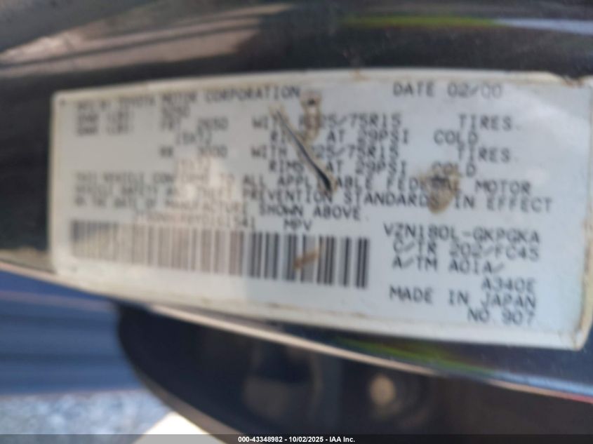 2000 Toyota 4Runner Sr5 V6 VIN: JT3GN86R8Y0161541 Lot: 43348982