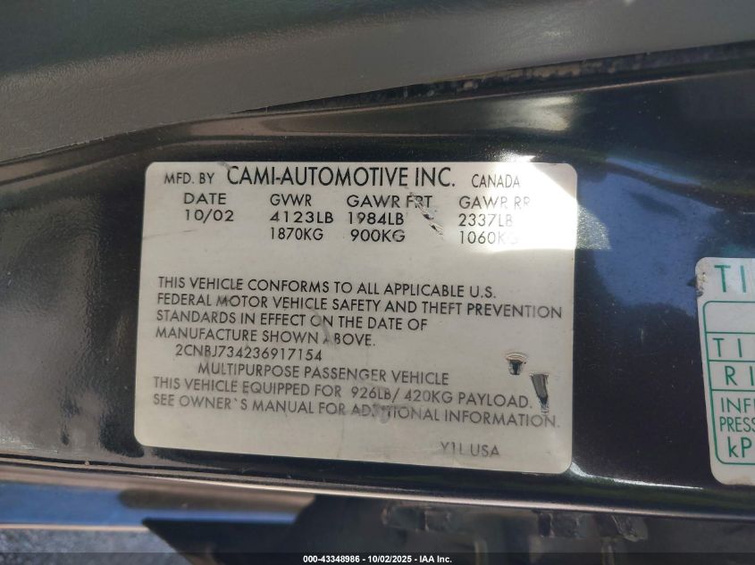 2003 Chevrolet Tracker Hard Top Zr2 VIN: 2CNBJ734236917154 Lot: 43348986