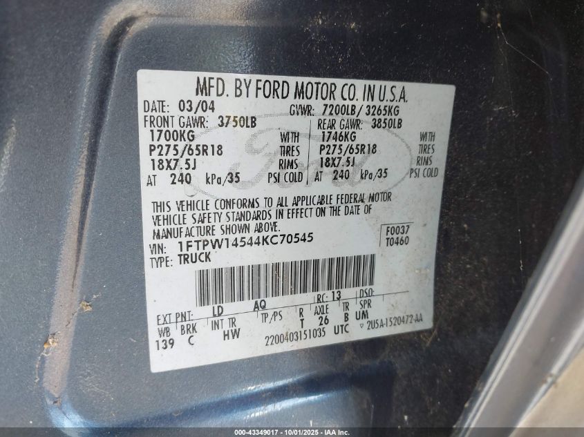 2004 Ford F-150 Fx4/Lariat/Xlt VIN: 1FTPW14544KC70545 Lot: 43349017