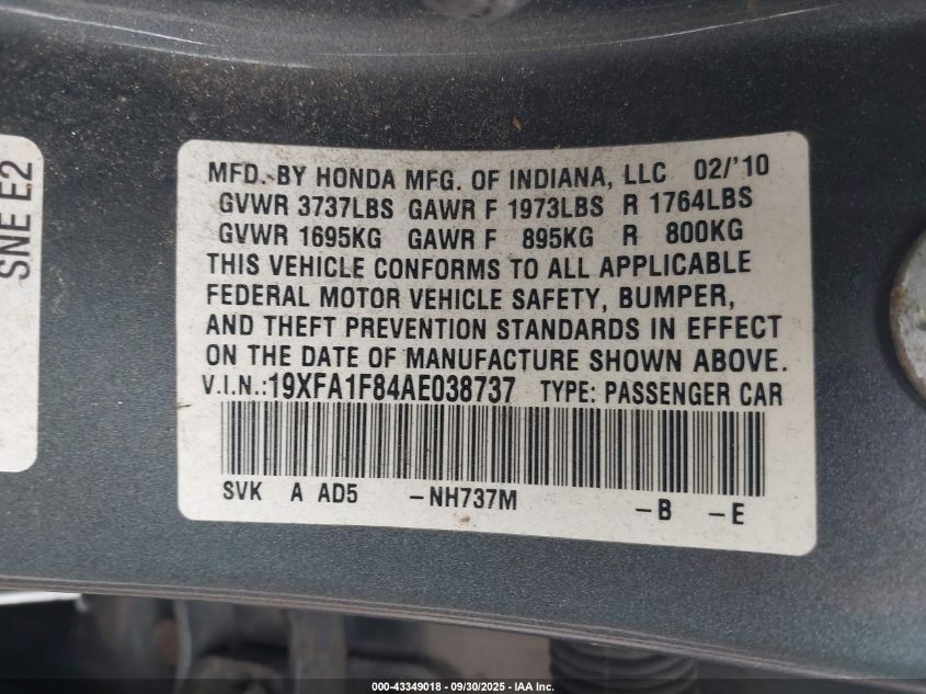 2010 Honda Civic Ex VIN: 19XFA1F84AE038737 Lot: 43349018