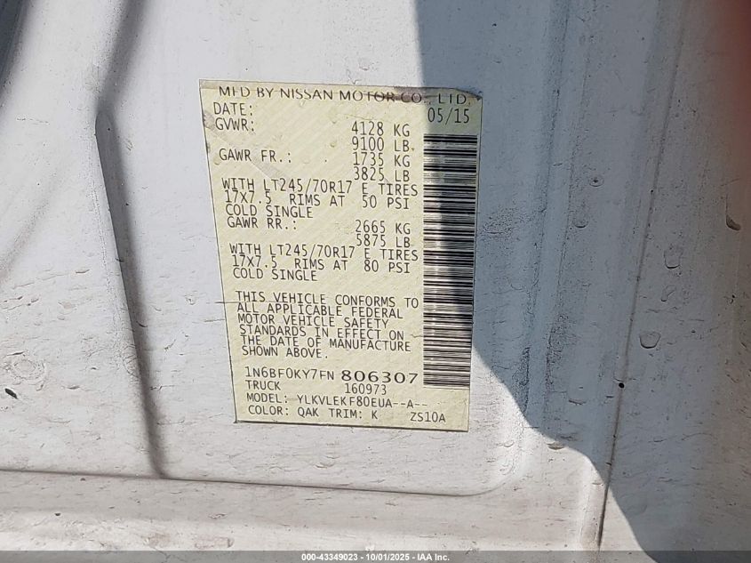 2015 Nissan Nv Cargo Nv2500 Hd S V6/Sl V6/Sv V6 VIN: 1N6BF0KY7FN806307 Lot: 43349023