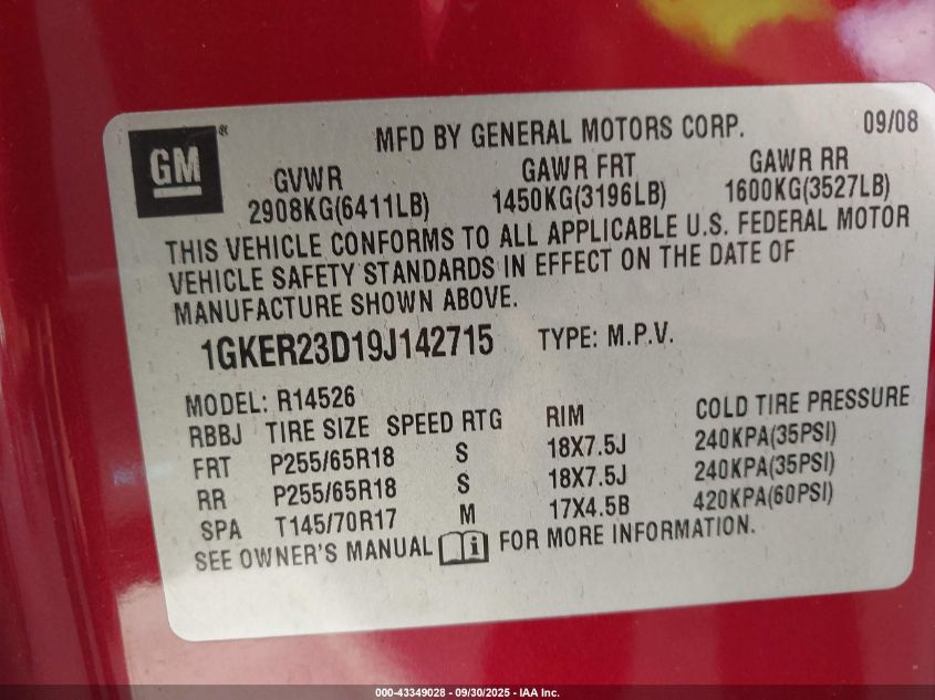 2009 GMC Acadia Slt-1 VIN: 1GKER23D19J142715 Lot: 43349028