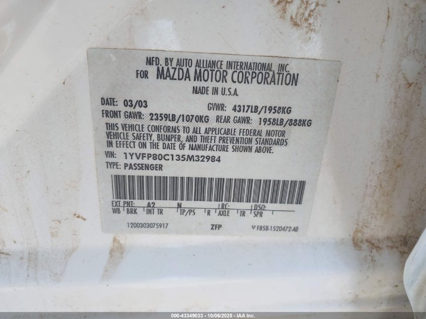 2003 Mazda Mazda6 I VIN: 1YVFP80C135M32984 Lot: 43349033