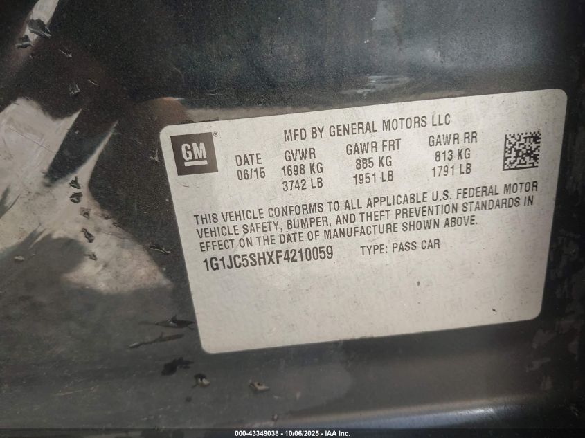 2015 Chevrolet Sonic Lt Auto VIN: 1G1JC5SHXF4210059 Lot: 43349038
