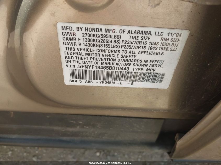 2005 Honda Pilot Ex VIN: 5FNYF18465B010443 Lot: 43349044