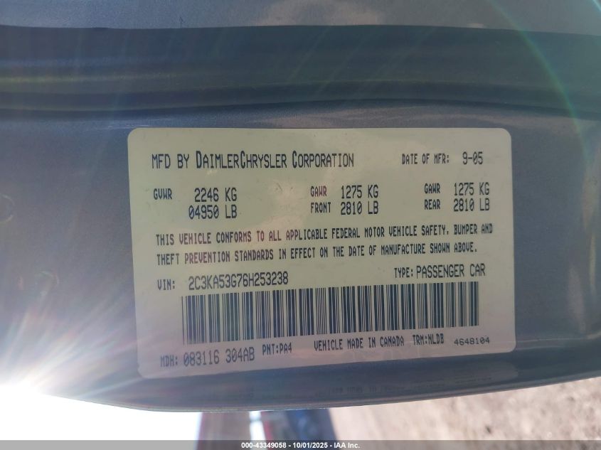 2006 Chrysler 300 Touring VIN: 2C3KA53G76H253238 Lot: 43349058