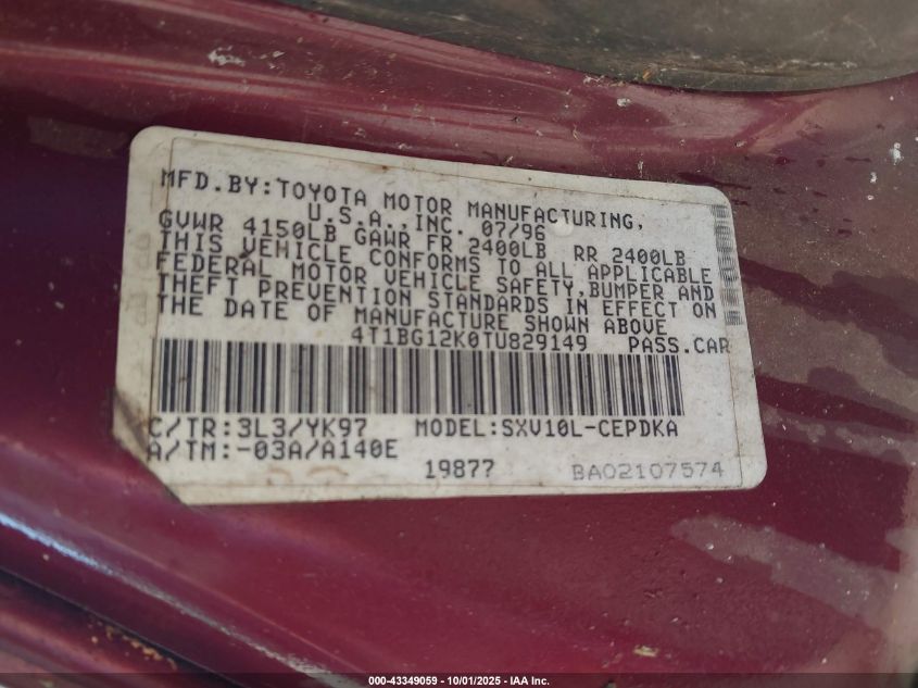 1996 Toyota Camry Dx/Le/Xle VIN: 4T1BG12K0TU829149 Lot: 43349059