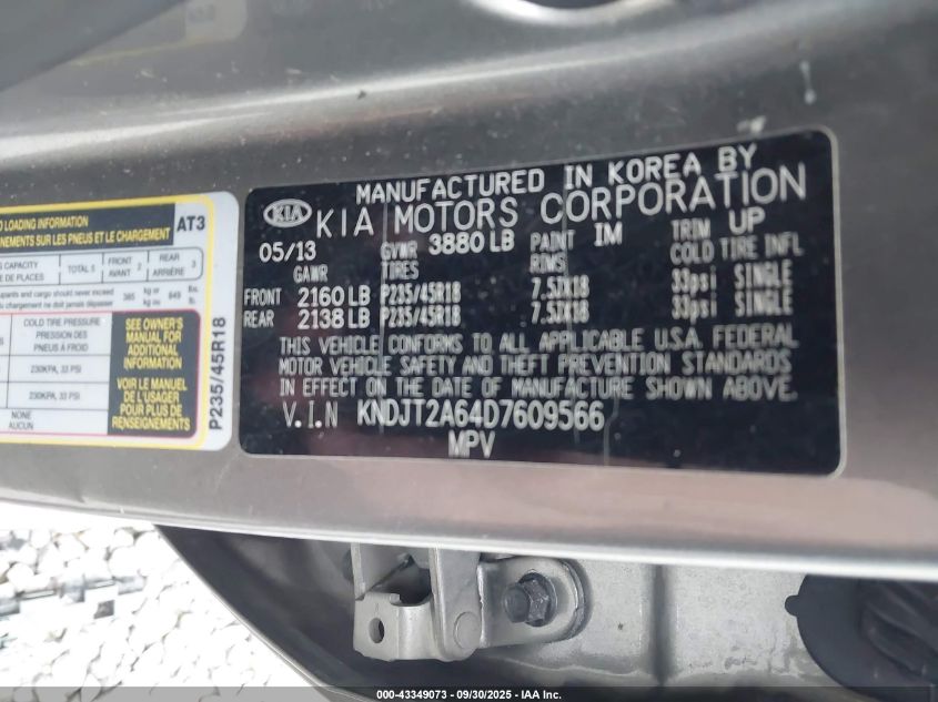 2013 Kia Soul ! VIN: KNDJT2A64D7609566 Lot: 43349073