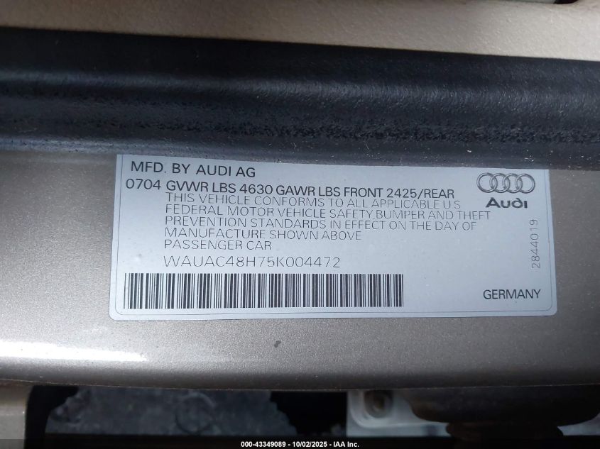 2005 Audi A4 1.8T VIN: WAUAC48H75K004472 Lot: 43349089
