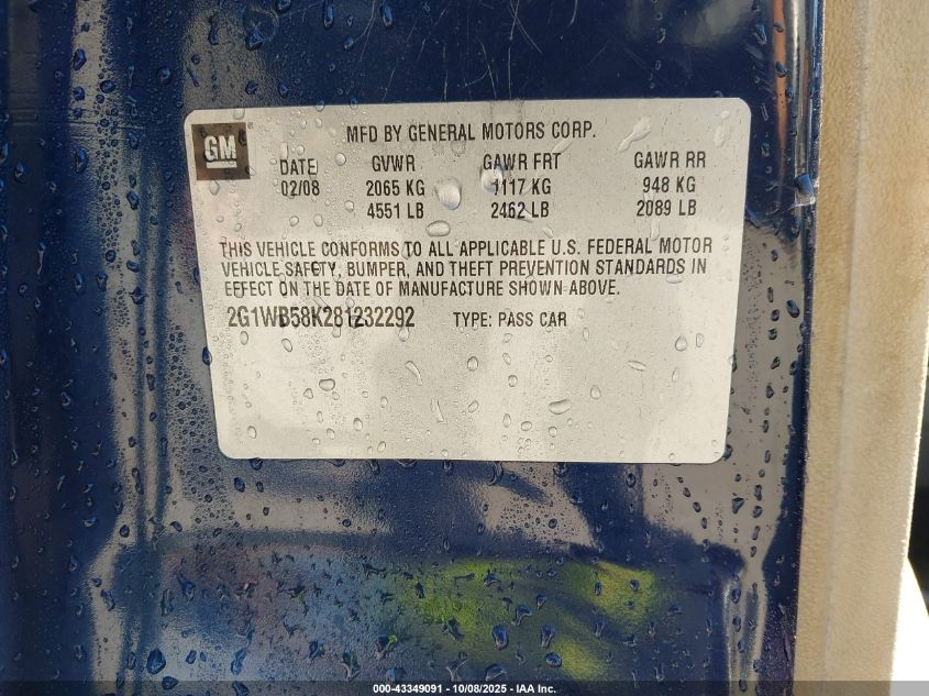 2008 Chevrolet Impala Ls VIN: 2G1WB58K281232292 Lot: 43349091