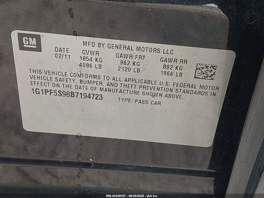 2011 Chevrolet Cruze 1Lt VIN: 1G1PF5S98B7194723 Lot: 43349107