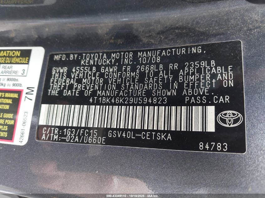 2009 Toyota Camry Se V6 VIN: 4T1BK46K29U594823 Lot: 43349110