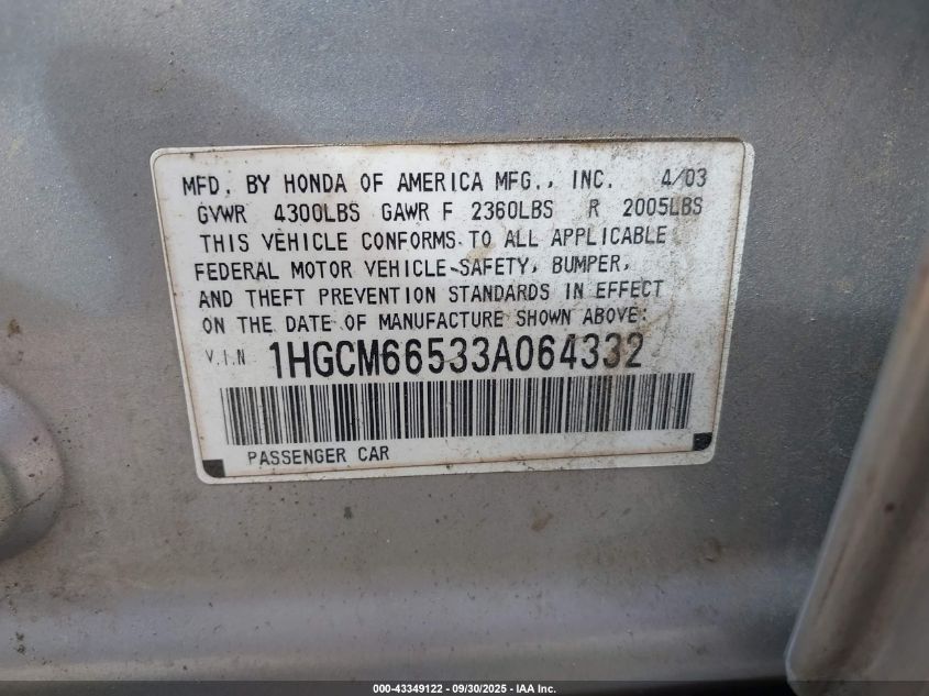 2003 Honda Accord 3.0 Ex VIN: 1HGCM66533A064332 Lot: 43349122