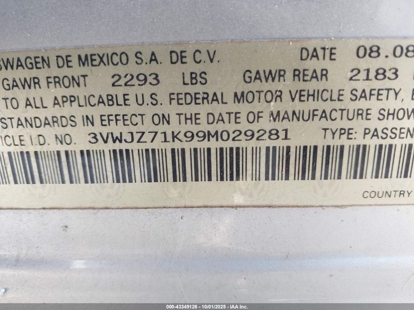 2009 Volkswagen Jetta S VIN: 3VWJZ71K99M029281 Lot: 43349126