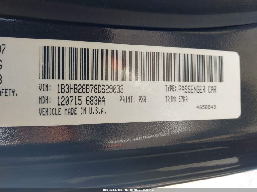 2008 Dodge Caliber Se VIN: 1B3HB28B78D629033 Lot: 43349135