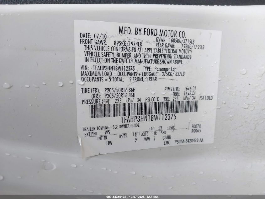 2011 Ford Focus Sel VIN: 1FAHP3HN1BW112375 Lot: 43349136