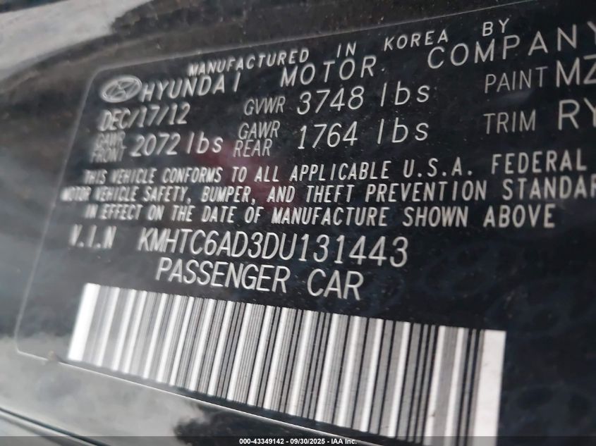 2013 Hyundai Veloster VIN: KMHTC6AD3DU131443 Lot: 43349142