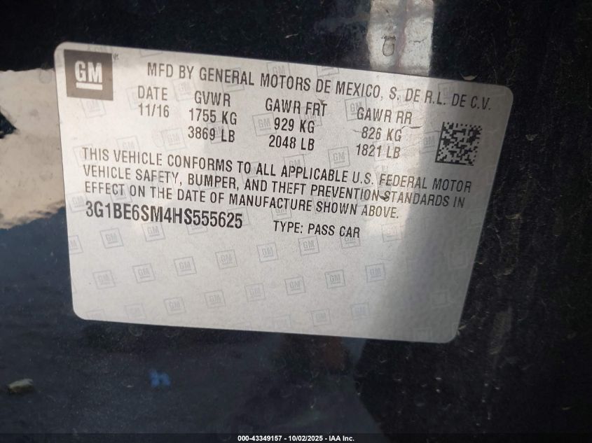 2017 Chevrolet Cruze Lt Auto VIN: 3G1BE6SM4HS555625 Lot: 43349157