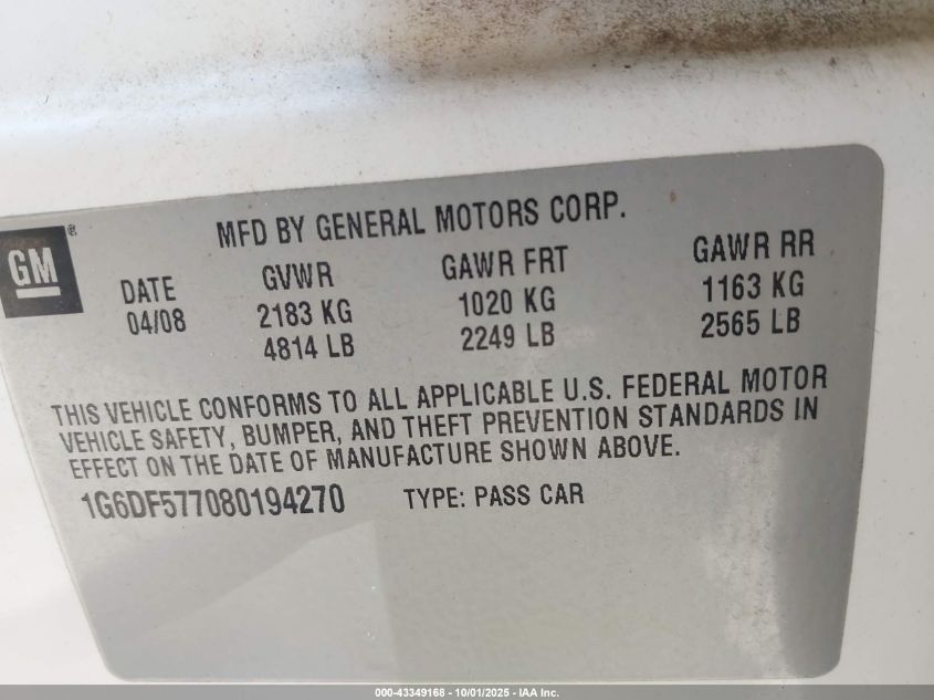 2008 Cadillac Cts Standard VIN: 1G6DF577080194270 Lot: 43349168