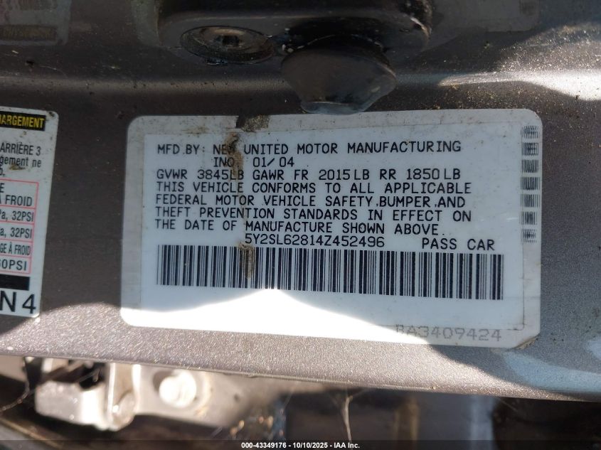 2004 Pontiac Vibe VIN: 5Y2SL62814Z452496 Lot: 43349176