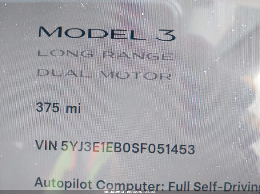 2025 Tesla Model 3 Long Range All-Wheel Drive VIN: 5YJ3E1EB0SF051453 Lot: 43349193