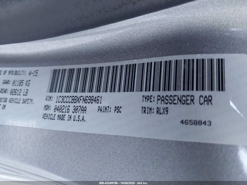 2015 Chrysler 200 S VIN: 1C3CCCBBXFN698461 Lot: 43349196