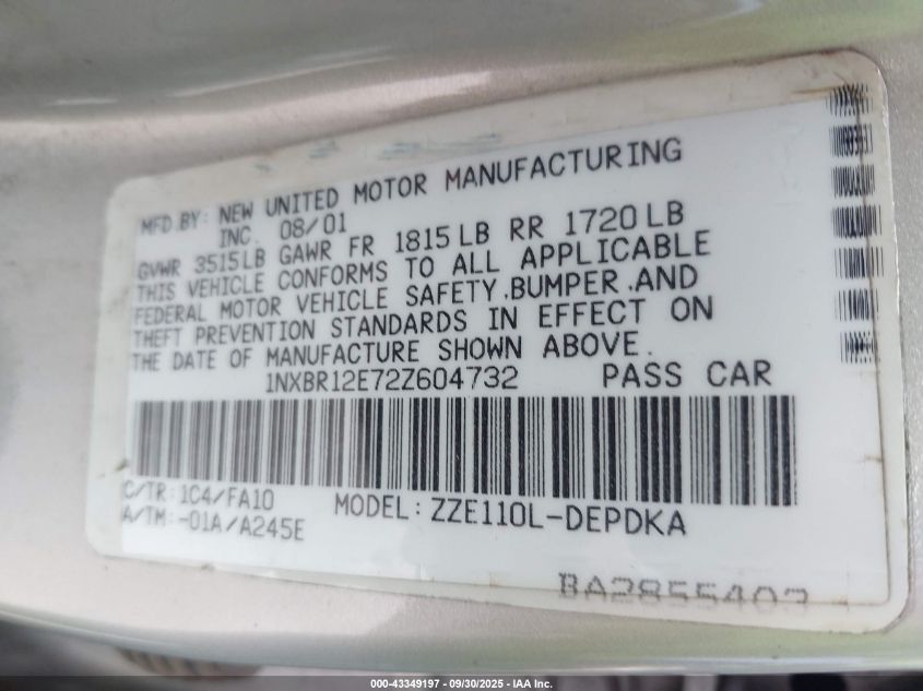 2002 Toyota Corolla Le VIN: 1NXBR12E72Z604732 Lot: 43349197