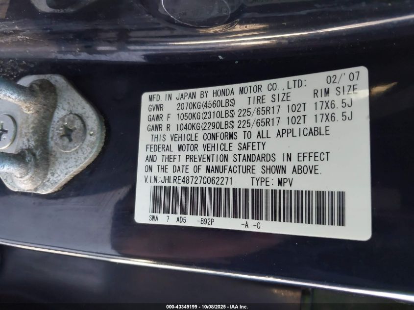 2007 Honda Cr-V Ex-L VIN: JHLRE48727C062271 Lot: 43349199