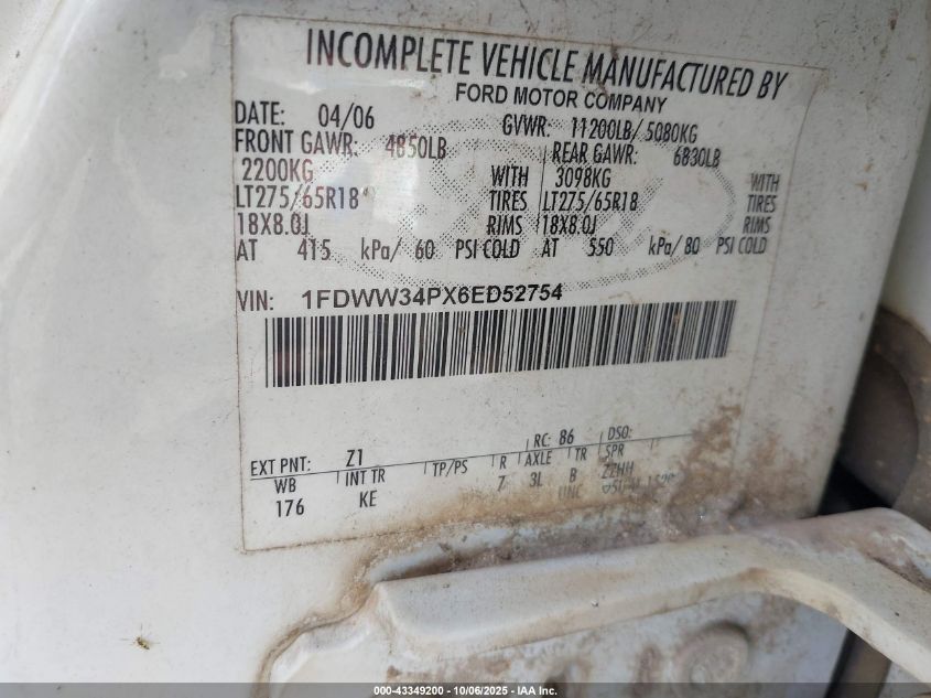 2006 Ford F-350 Chassis Lariat/Xl/Xlt VIN: 1FDWW34PX6ED52754 Lot: 43349200