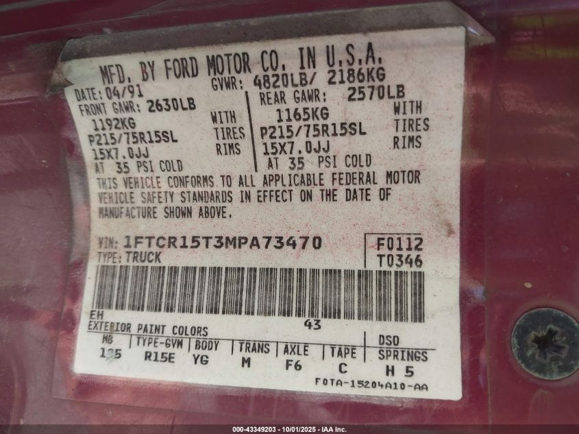 1991 Ford Ranger Super Cab VIN: 1FTCR15T3MPA73470 Lot: 43349203