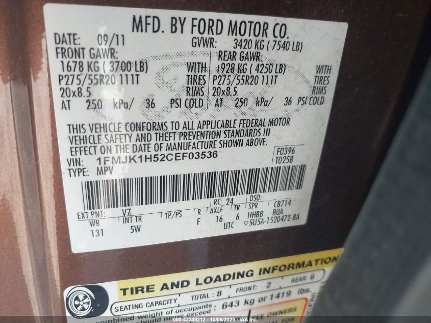 2012 Ford Expedition El King Ranch VIN: 1FMJK1H52CEF03536 Lot: 43349212