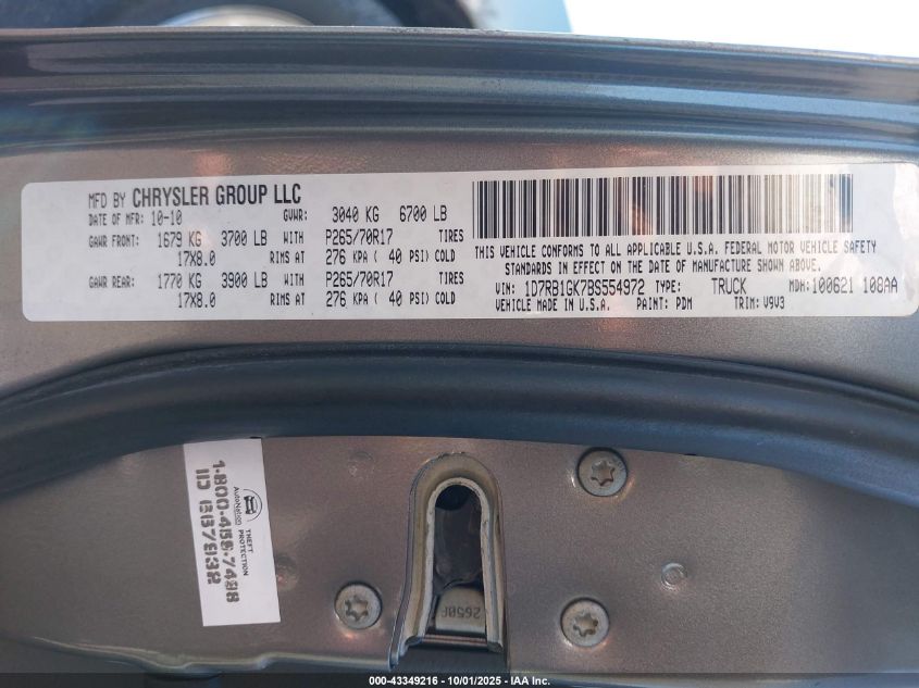 2011 Ram Ram 1500 St VIN: 1D7RB1GK7BS554972 Lot: 43349216