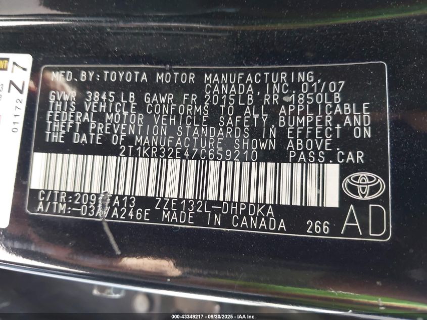 2007 Toyota Matrix VIN: 2T1KR32E47C659210 Lot: 43349217