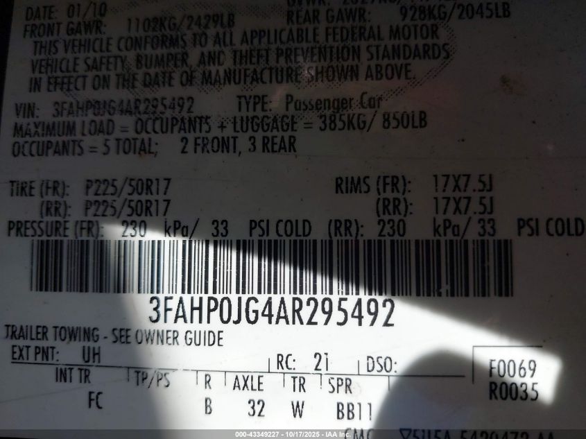 2010 Ford Fusion Sel VIN: 3FAHP0JG4AR295492 Lot: 43349227