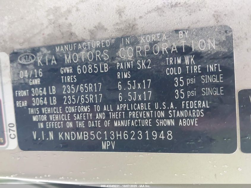 2017 Kia Sedona Lx VIN: KNDMB5C13H6231948 Lot: 43349231