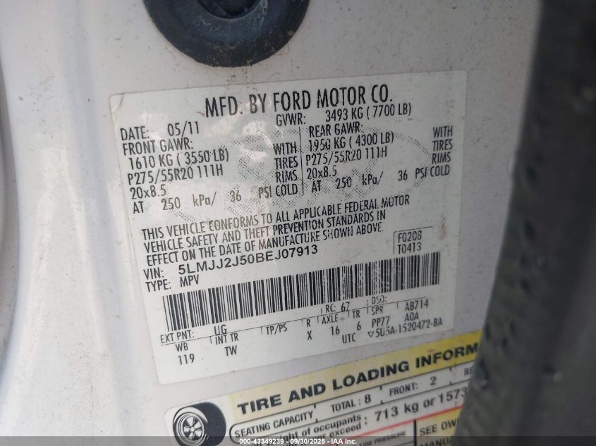 2011 Lincoln Navigator VIN: 5LMJJ2J50BEJ07913 Lot: 43349239