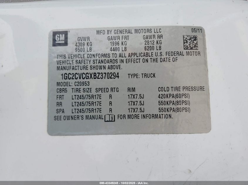 2011 Chevrolet Silverado 2500Hd Work Truck VIN: 1GC2CVCGXBZ370294 Lot: 43349245