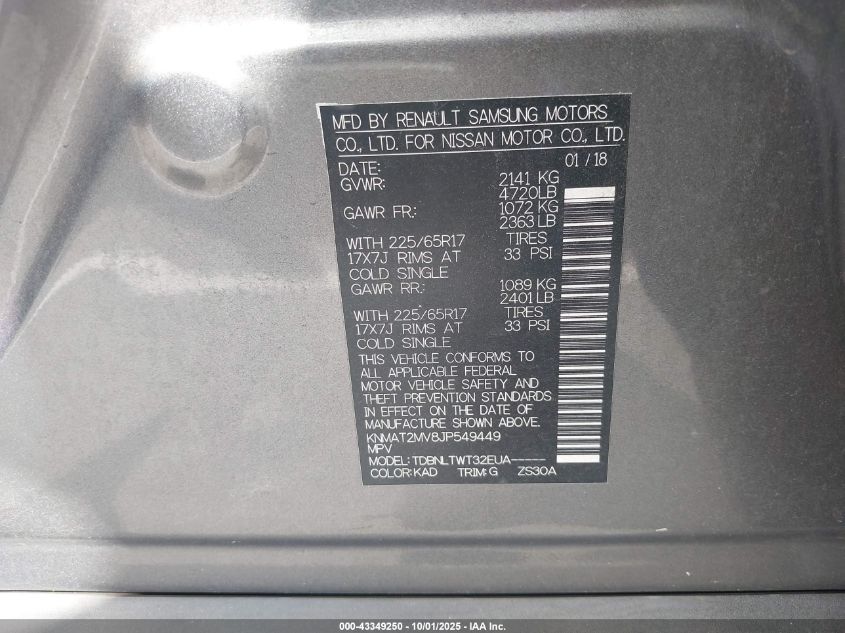 2018 Nissan Rogue Sv VIN: KNMAT2MV8JP549449 Lot: 43349250