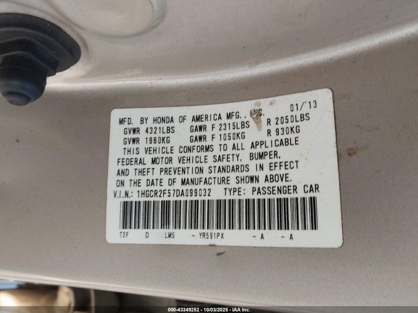 2013 Honda Accord Sport VIN: 1HGCR2F57DA099032 Lot: 43349252