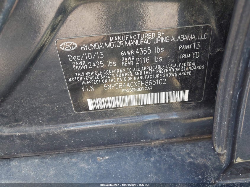 2014 HYUNDAI SONATA GLS - 5NPEB4ACXEH865102