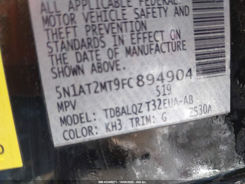 2015 Nissan Rogue Sv VIN: 5N1AT2MT9FC894904 Lot: 43349271