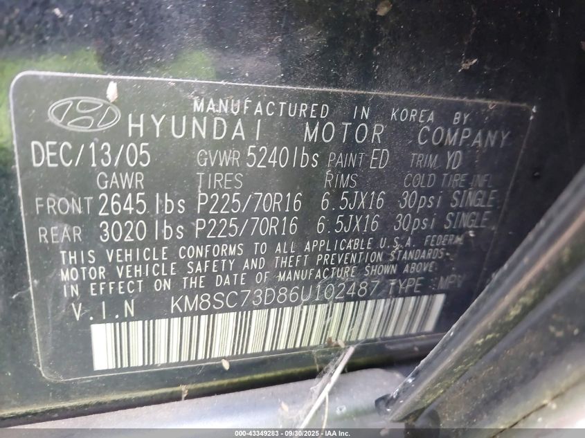 2006 Hyundai Santa Fe Gls VIN: KM8SC73D86U102487 Lot: 43349283